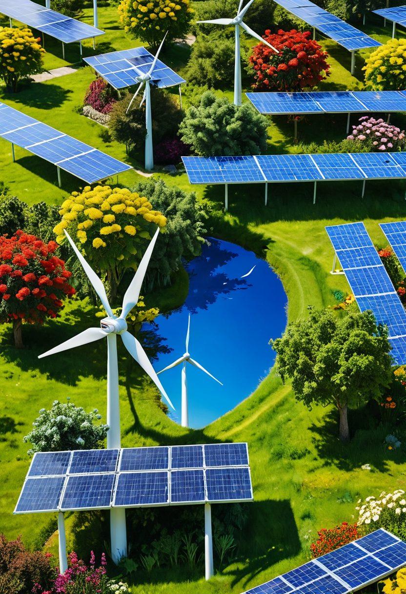 A lush, green landscape featuring a diverse array of plants, trees, and flowers, intertwined with solar panels and wind turbines in the background. A diverse group of people is seen planting trees and engaging in eco-friendly activities, radiating joy and collaboration. Overhead, a blue sky with fluffy clouds adds to the serene atmosphere of sustainability and hope. Include subtle elements of recycling symbols and clean energy icons subtly integrated in the scenery. vibrant colors. super-realistic.