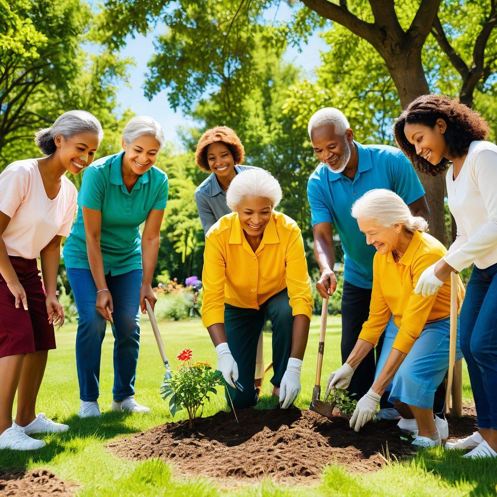A diverse group of people of various ages and ethnicities planting trees together in a lush green park, with colorful flowers surrounding them, while holding eco-friendly tools and wearing sustainable clothing. In the background, a clear blue sky with a hint of sunlight breaking through the trees, symbolizing hope and unity for the environment. super-realistic. vibrant colors. natural setting.